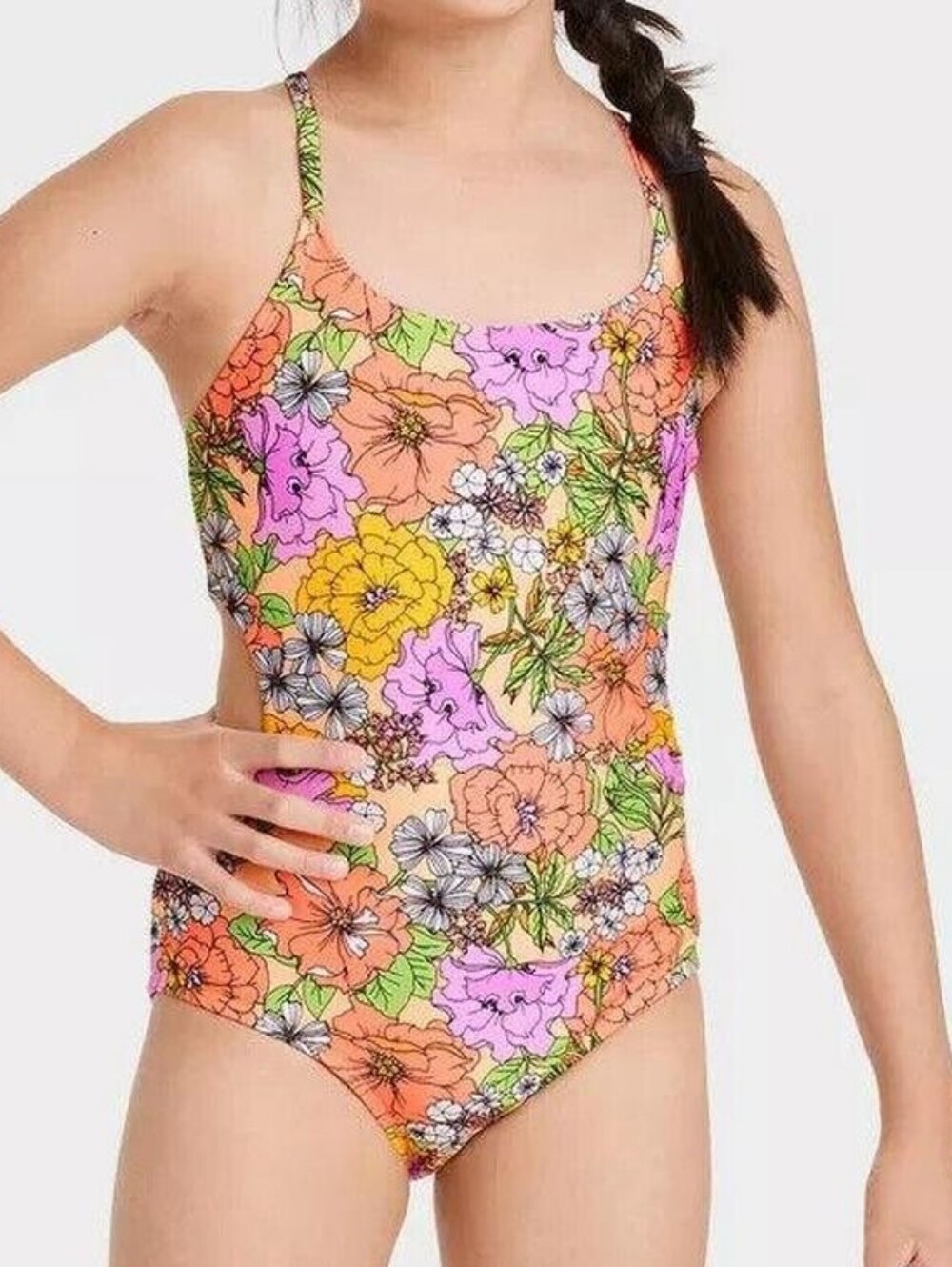 CAT & JACK Girls' Floral One-Piece Swimsuit - Multicolor NWT